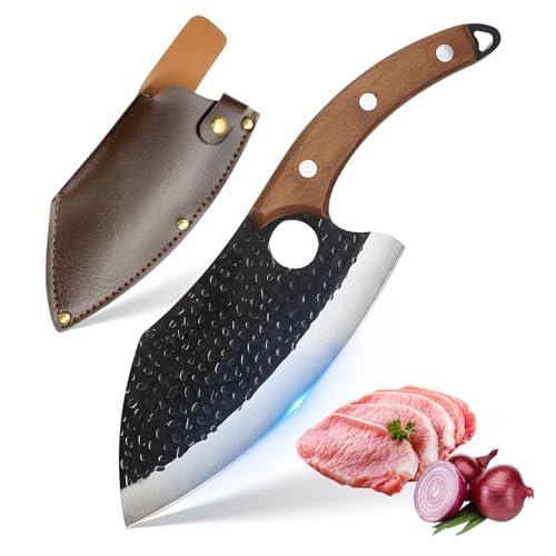 Chef Knife,Ultra Sharp and Strong Japanese Butcher Knife,Hand Forged Professional Chefs Knife with Sheath,Meat Cutting Kitchen Knife for Kitchen BBQ Camping Outdoor Gift Idea for Men Women (Brown)