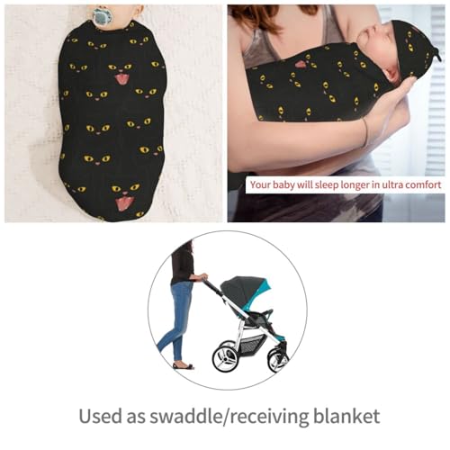 Image of Black Cats Cute Newborn Swaddle Blankets Hat Sets Soft Baby Receiving Blanket Swaddle Sack for Baby Shower Infant Boy Girl Gift