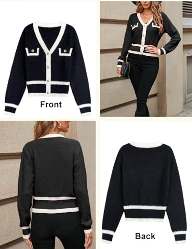 Womens Fall Laies Cute Ribbed Knit V Neck Color Block Striped Button Fake Pocket Long Sleeve Sweater Cardigan 20244