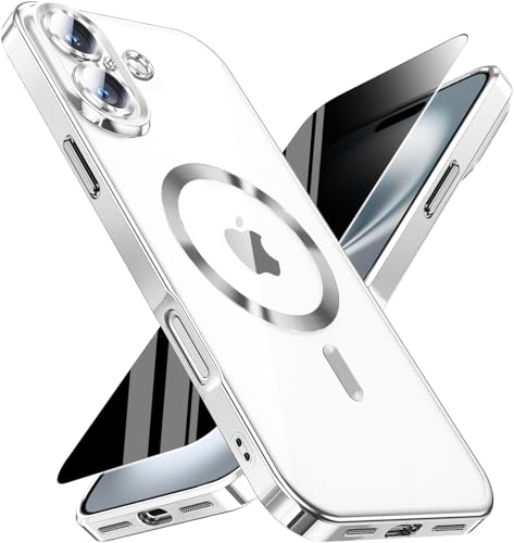 Image of Magnetic for iPhone 16 Plus Case with Privacy Screen Protector & Full Camera Cover,[Non-Yellowing] Plating Glossy Soft Shockproof Clear Phone Case with MagSafe Women Girls for iPhone 16Plus 6.7,Sliver