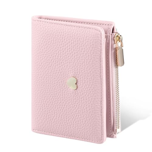 Image of Pink Girls Wallet, Leather Small Purses for Women, Bifold Card Holder | Heart Small Ladies Wallet, Slim Lychee Grain Wallet with Id Credit Cards Slots and Coin Pocket, Compact PU Purse
