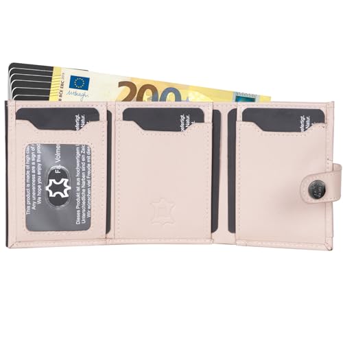 Fa.Volmer POP-UP etui na karty z przegródką na monety z prawdziwej skóry dla mężczyzn i kobiet | 12 kart | ochrona RFID | portfel VO45, Powder, Großes Münzfach, Duża przegródka na monety