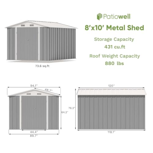 Image of Patiowell 8x10 FT Outdoor Storage Shed, Metal Sheds, Gray