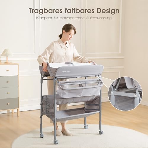 Maydolly Tragbarer Wickeltisch für Babys, Multifunktionaler Faltbarer Wickeltisch, Höhenverstellbar mit Rädern und 2 Aufbewahrungskörben, Wasserdichtes Sitzkissen zum Wickeln, Grau