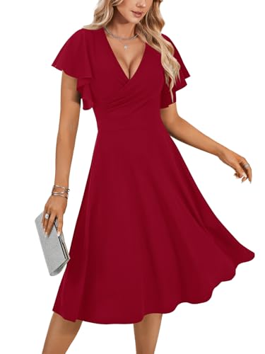 Image of LYANER Women's Warp V Neck Ruffle Short Sleeve A Line Swing Flared Cocktail Party Midi Dress