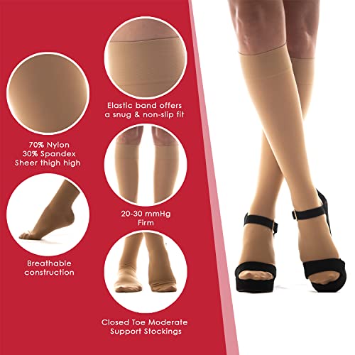 Image of Medicella Premier Closed Toe Knee High Compression Socks for Women 20-30 mmHg Made in USA Medical Quality Sheer Firm Pressure Support Circulation & Travel (Large, Beige)