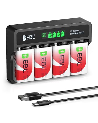 EBL 9V Rechargeable Batteries 600mAh Li-ion 4-Pack and LCD 9V Battery Charger for 9 Volt Lithium-ion/Ni-MH Rechargeable Batteries