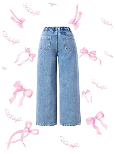 MakeMeChic Girl's Bow Knot Print Straight Leg Loose Fit Zip Fly Cute Jeans Denim Pants2