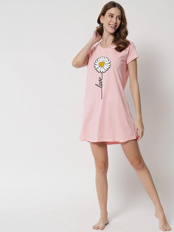 Image of Fflirtygo Women's Cotton Nighty | Printed Knee Length Night Gown |Relaxed Fit Nightwear |Short Nightdress| Long T-Shirt | Sleepwear & Casual Wear Nighty (Pack of 2)