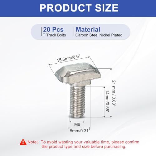 Image of PATIKIL M6 x 16 mm Thread T-Slot Bolts, 20 Pcs Drop-in Bolt Hammer Head T-Bolt Standard 8 mm Sliding Screw Stud for 30 Series Aluminum Extrusion Profile, Silver