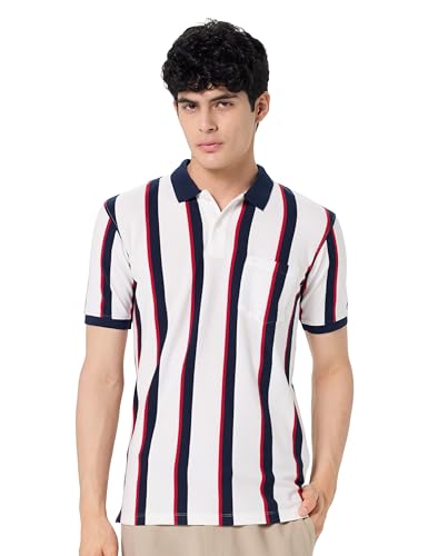 Image of Peter England Men's 100% Cotton Vertical Striped Polo T-Shirt - Casual Wear | Sleek & Comfortable