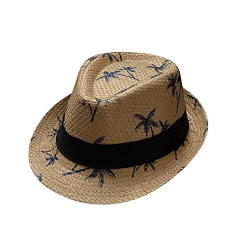 Kids Summer Straw Hat Parent Child Beach Wind Travel Tree Printing Paper Straw Jazz Hat Seaside Sun Hats(Khaki,One Size)