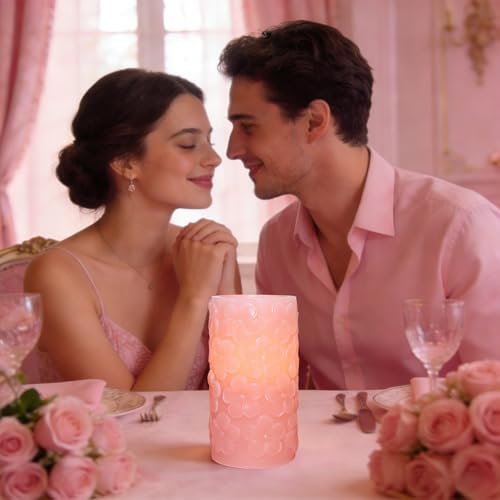 Image of Pink Flower Flameless Candle with 6H Timer, Pink Flower Carving Craftsmanship LED Battery Operated Candle, Modern Home Christmas Party Valentine's Day Decor