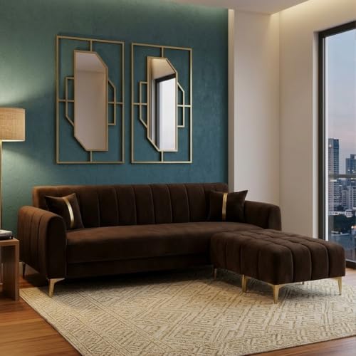 Image of Hermione 5 Seater L Shape Sofa Set with 2 Movable Ottoman | Flexible Left or Right Layout | Luxe Velvet Suede Fabric | Comfortable Seating | Modern Sofa for Living Room - Dark Brown