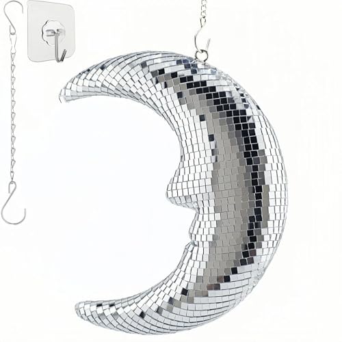 Yeehlmer Moon Shape Disco Decorative Hanging Ornaments Home Decor Vertical Chic Smile Moon Disco Ball Decor for Bedroom Living Room Apartment Office, Garden Decorative Wall Art with Hook