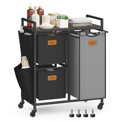 VASAGLE Panier à Linge, 3 Compartiments, Corbeille 100 L, Bac, Roulettes, Chariot avec Étagères, Sac, Poches Latérales, 6 Étiquettes, Marron Châtaigne, Noir d'Encre et Gris Tourterelle BLH202B01