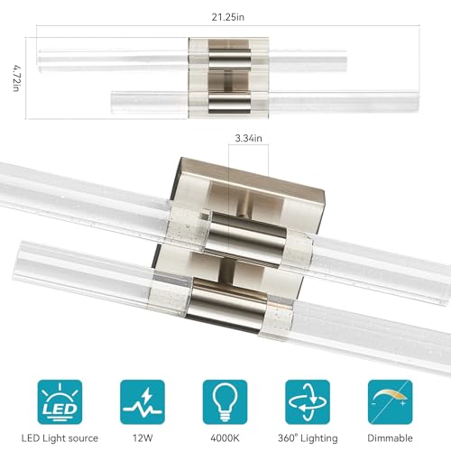 Image of Crystal Wall Sconces Set of Two LED Wall Sconce Hardwired Brushed Nickel Bathroom Vanity Light Fixtures 21.25in 4000K Vertical and Horizontal Wall Mounted Sconces for Bedroom Living Room