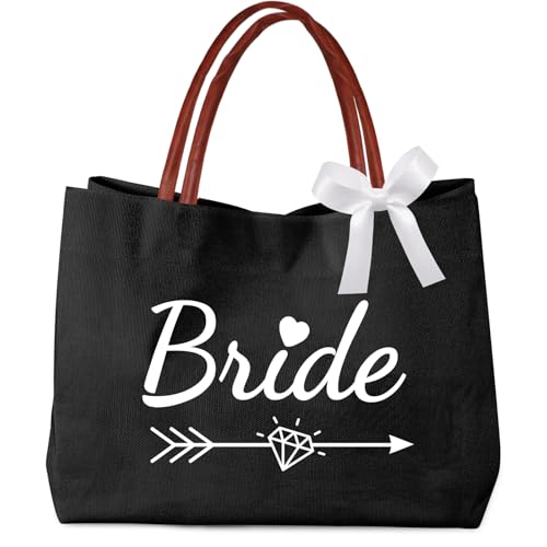 MGupzao Bride Bag - Canvas Tote Bag for Bride, Large Tote Bag with Silk Scarf Utility Bag for Bachelorette Party Favors Black