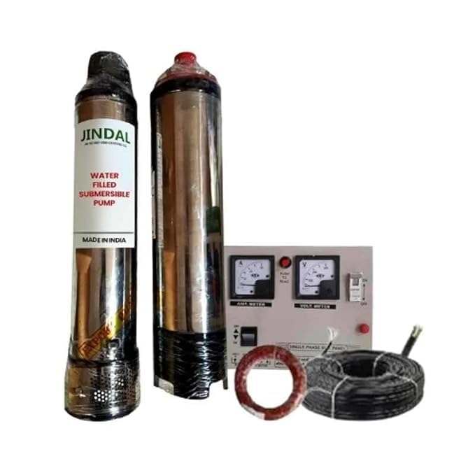 Image of Jindal 1HP Single Phase Pure Copper Water Filled Submersible Pump for Borewell with Control Panel, 30 m Safety Wire & 2.5 Sqmm Submersible Cable, 12 Months Warranty