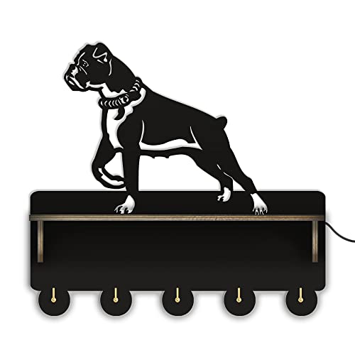 The Geeky Days Key Holder for Wall, Boxer Dog Wooden Wall Mounted Hat Coat Rack with Mail Medal Organizer Shelf, 5 Metal Hooks Hanger, for Closet Door Hanging for Puppy Lover Gift
