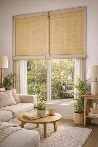 Image of Water Proof Bamboo Curtains for Balcony Roller Rollup Blinds, Bamboo Chick Curtain, for Rain, Sunlight, Dust & Cold Air Protection (Color-Pink,4ft x 8ft (W x H)
