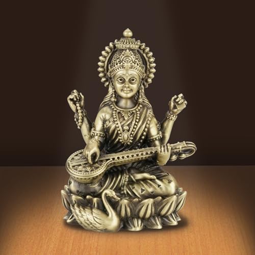 Image of 5 Inch Kamal Saraswati Brass Idol with Veena for Study Table, Learning & Gift