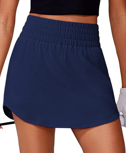 PINSPARK Womens Golf Skirts Sweat-Wicking Tennis Skort Wide Elastic Waistband Sport Skirt Weightless Workout Skorts with Short Two Pockets Navy Blue Large