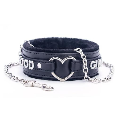 Bilisee Black Leather Heart O-ring Collar Necklace for Women Adjustable Gothic Punk Collar with Letters Soft Furry Choker Jewelry