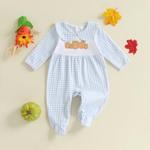 Seyurigaoka Baby Girl Halloween Footie Romper Doll Collar Pumpkin Gingham One Piece Jumpsuit Newborn Fall Outfits2