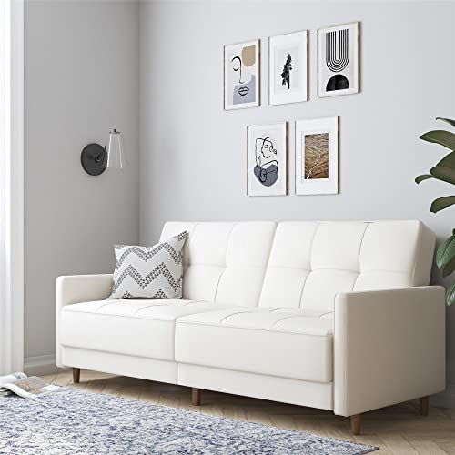 DHP Andora Coil Futon Sofa Bed Couch with Mid Century Modern Design - White Faux Leather