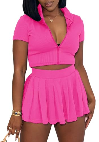 LAJIOJIO Women's Casual 2 Piece Skirt Outfits,Solid Color Short Sleeve Cropped Top and Mini Pleated Skirt Sets