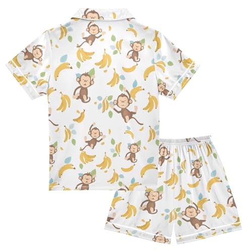 Banana Monkey Prints Summer Satin Pajama Set, Cute Button-Down Sleepwear Pj Set for Sleep Wears2