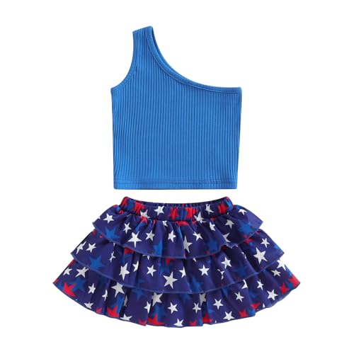 Image of BeQeuewll 4th of July Toddler Girls Outfits Solid One Shoulder Sleeveless Tank Crop Tops Stars Ruffles Skirts 2Pcs Clothes (Star-Blue, 12-18 Months)