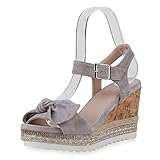  SCARPE VITA Damen Plateau Sandaletten Strass Sommer Schuhe Kork-Optik Sommer-Sandaletten Schleifen Keilabsatz 196219 Stone Velours 39
