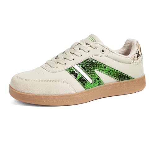 Image of LUCKY STEP Women Retro Gum Sole Fashion Sneakers | Genuine Leather Classic Tennis Skate Walking Shoes Anti Slip Trainers