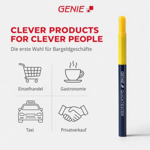 Foto von GENIE QUICKTESTER Geldscheinprüfstift – Falschgeld Prüfer Stift für Euro & Dollar – Banknoten prüfen in Sekunden – Fake Money Detector – Geldschein Tester für Kasse, Gastronomie & Alltag