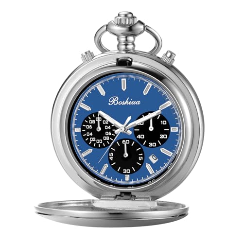 BOSHIYA Smooth Quartz Pocket Watches for Men Multifunctional Chronograph Classic Vintage Mens Womens Pocket Watch with Chain Christmas Graduation Birthday Gifts Fathers Day