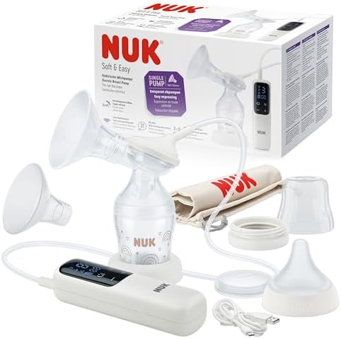 NUK Soft & Easy elektrische Milchpumpe | Brustaufsätze aus 100 % Silikon | Klein, leicht und leise | Akku für unterwegs | Brustaufsätze 24 mm & 27 mm | 1x Perfect Match Babyflasche
