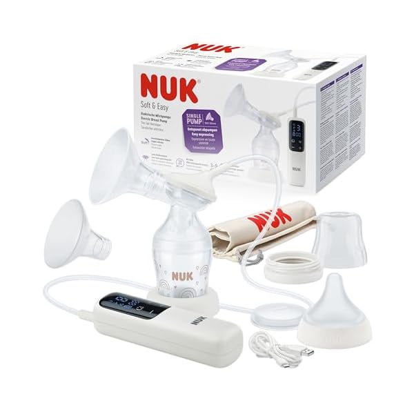 NUK Soft & Easy elektrische Milchpumpe | Brustaufsätze aus 100 % Silikon | Klein, leicht und leise | Akku für unterwegs | Brustaufsätze 24 mm & 27 mm | 1x Perfect Match Babyflasche