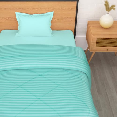 Image of Single Bed Comforter 180 GSM Reversible Microfiber | Comforter Single | AC Comforter Single Bed | Lightweight All Season Comforter | Blanket Single Size - Cyan Blue & Stripes
