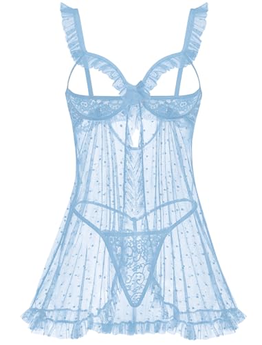 Avidlove Sexy Polka Dots Mesh Sheer Lace Babydoll Open Front Ruffle Chemise Cut Out Nightgown Lingerie Dress With Thong XS-XXL Light Blue X-Small — view 2