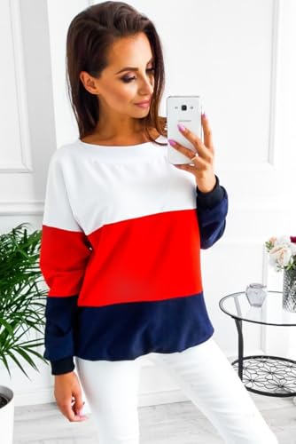 Winter new casual contrasting color patchwork hoodie round neck long sleeved loose pullover top(Lake Blue,S)3