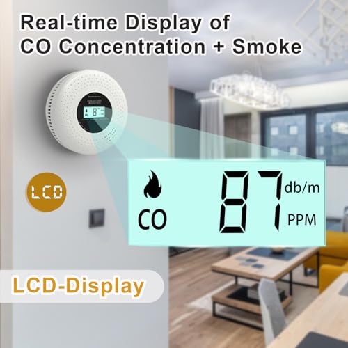 GiiHoo Rauch- und Kohlenmonoxid-Melder mit LCD-Display & Batteriebetrieb, Kombi-Alarm für Rauch und CO zur häuslichen Sicherheit EN 14604 & EN 50291 Zertifiziert