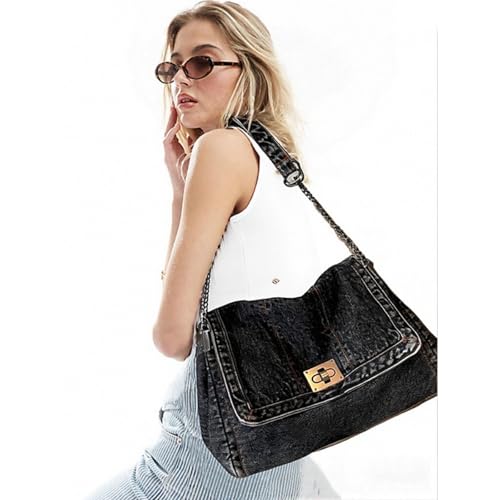 Image of Large Denim Purses for Women Denim Tote Bag Casual Retro Crossbody Lightweight Shoulder Bag Canvas Handbags