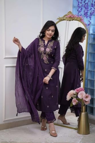 Image of Women's Cotton Embroidery work Straight kurti with Pant & mulmul dupatta set
