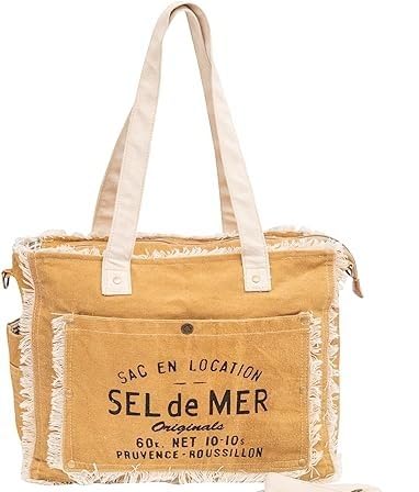 NATURALS EXPORTNAaturals EXPORT Sel De Mer Upcycled Canvas Crossbody & Tote Bag, Canvas & Cowhide Leather Handbag for Women, Brown, Medium