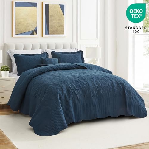Image of CHIXIN Bedspread Coverlet Quilt Set Full Size - Lightweight Bedding Cover - Beautiful Stitching - 5 Piece Reversible Bedspread - Gorgeous Damask Paisley Pattern (Full, Navy)