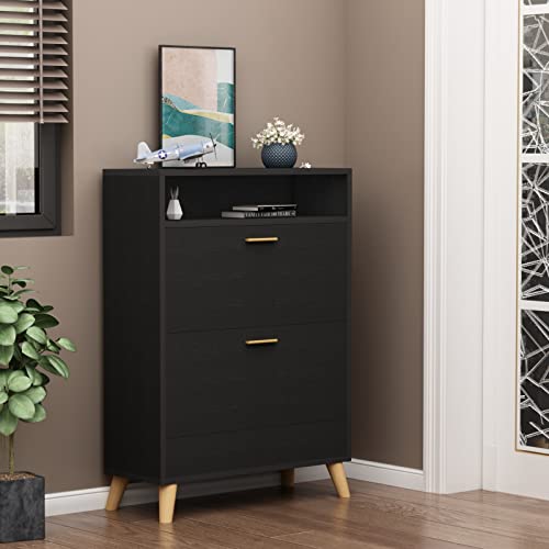 Gyfimoie Shoe Storage Cabinets, 16 Pairs Free Standing Shoe Organizer With 2 Flip Drawers For Entryway, Narrow 3 Tier Entryway Hidden Shoe Rack With Doors (Dark Black) #TOP2