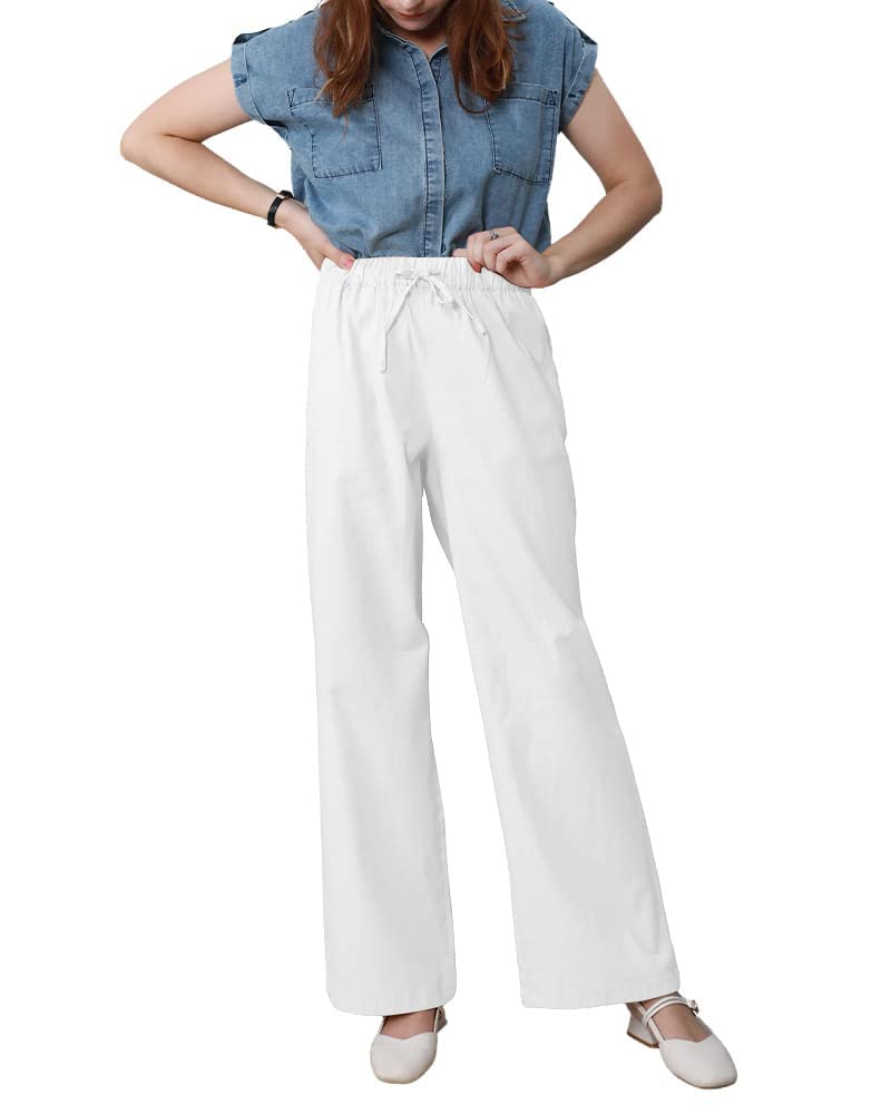 yoeasy Women Cotton Linen Drawstring Wide Leg Pants High Waisted Casual Loose Trousers with Pockets (Small, White)