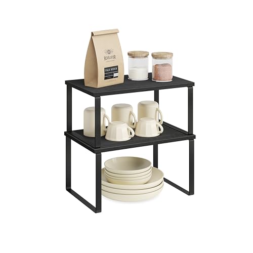 SONGMICS Spice Rack, Set of 2 Cupboard Shelf Organisers, Expandable Kitchen Shelf Organiser, Stackable Spice Holder, Metal and Engineered Wood, Ink Black and Ebony Black KCS02B01